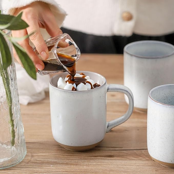 Ceramic Coffee Mugs Set of 4, 14oz Coffee Cups with Large Handle, Stoneware Two-Tone Tea Mugs for Latte, Cappuccino, Bluish White Speckled, Terracotta Base,Housewarming Gift,Dishwasher&Microwave Safe