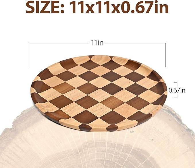 MSJGA 11 Inches Round Wooden Serving Trays Decorative Candle Plate Holder with Unique Checkered Design for Home Decor, Coffee Table, Dining Table, Kitchen Island