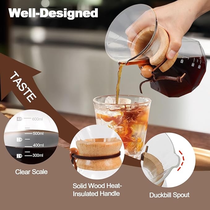 Pour Over Coffee Maker 600ml 20.3oz Glass Drip Coffee Maker with 304 Stainless Steel Filter High Borosilicate Glass Duckbill Spout Solid Wood Handle Pour Over Coffee Dripper for Daily Brewing