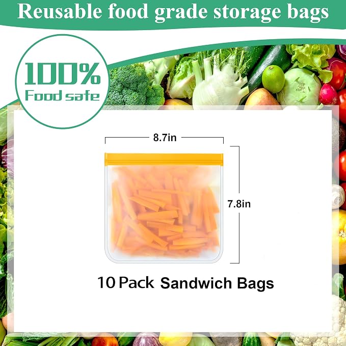 10 Pack Reusable Sandwich Bags, Silicone Sandwich Bags Reusable, Reusable Silicone Bags, Leakproof Sandwich Containers for Lunch Boxes, Travel Picnic, Work, Home Use