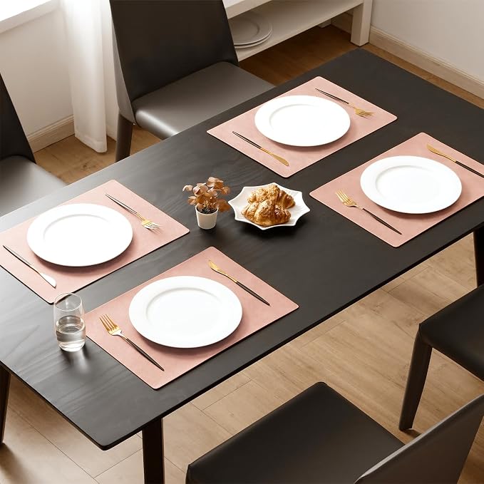 MOSAYT Vinyl Placemats Set of 4-12 X 17 Inch - Faux Leather 100% Waterproof Oil-Proof Wipeable PU Place Mats, Heat Resistant Reversible Table Mats for Kitchen, Dining, Outdoor, Pink