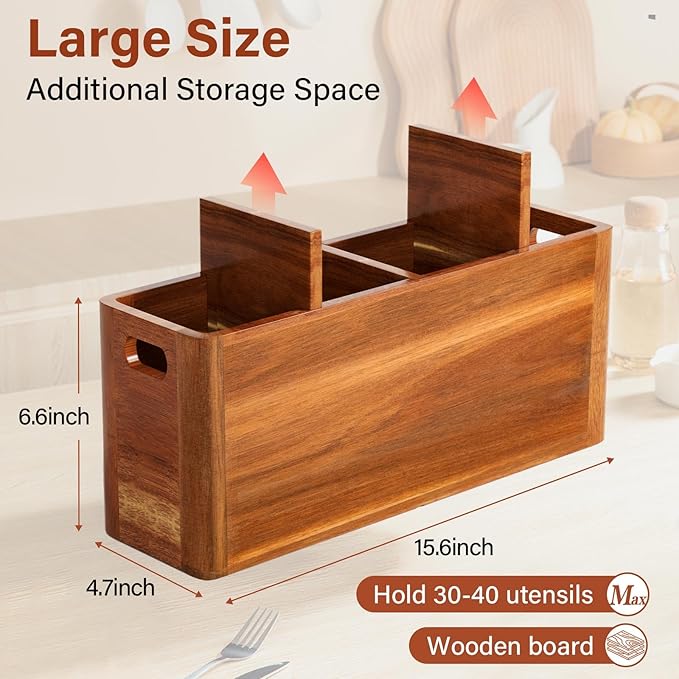 Extra Large Utensil Holder for Kitchen Counter, Acacia Wooden Utensil Holder with 4 Compartment, Kitchen Counter Organizer for Storage Spatula and Silverware, Ideal Christmas Gift for Farmhouse Decor