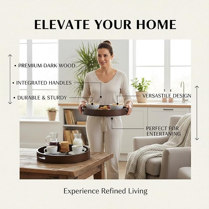 Round Trays Home Decor, 11.8" Large Round Wood Tray for Ottoman Coffee Table Trays, Wooden Kitchen Serving Decorative Trays for Home Office Counter Serveware Organizer, Walnut