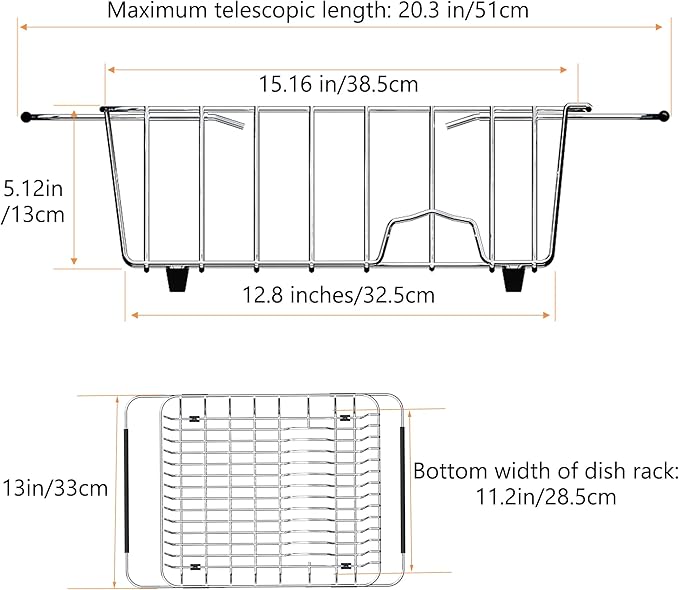 NiuYichee Stainless Steel Dish Drying Rack(15.2"L X 13"W X 5.8"H), Expandable Fruit & Vegetable Drain Rack over Sink, Dish Drainer Rack in Sink, with Stainless Steel Utensil Holder & Silicone Mat(16")