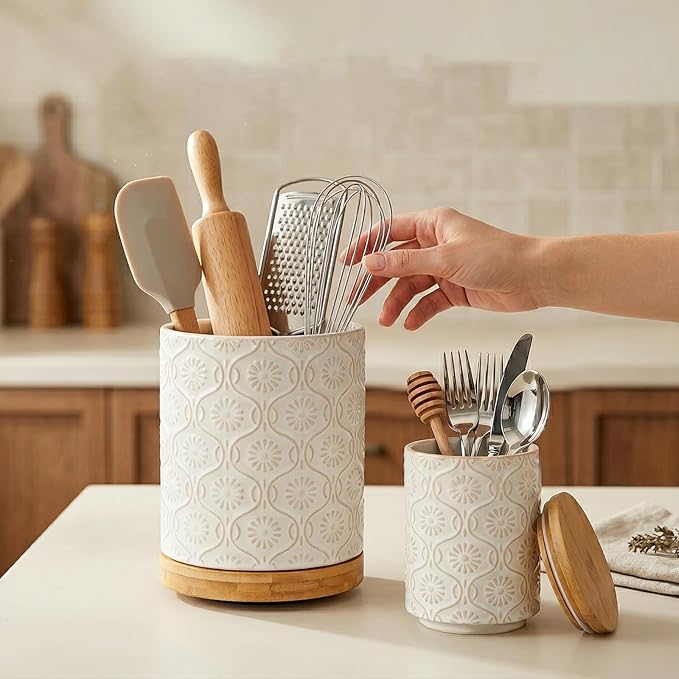 Newise Utensil Holder - Set of 2, Ceramic Kitchen Utensil Holder for Countertop, Large Utensil Crock with 360° Rotating Base, 6"+4" Embossed Cooking Storage and Decoration