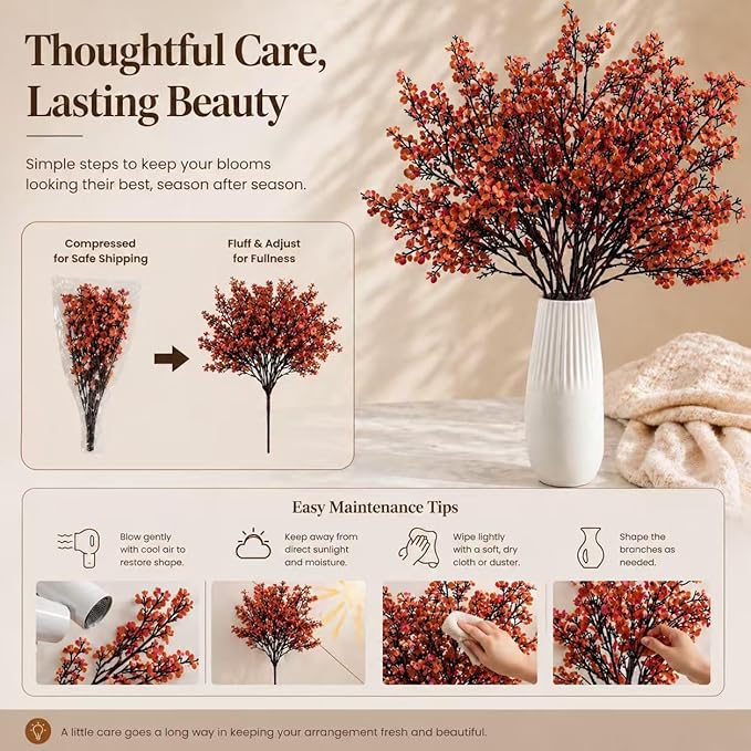Mandy's Burnt Orange Artificial Baby’s Breath Flowers 15 Bundles Silk Gypsophila, 18.5 Inch European Style Modern Home Decor Centerpiece, Neutral Wedding Flower Arrangements