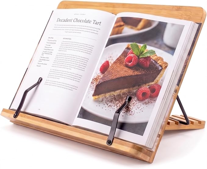 Bamboo Cookbook Stand Medium, Adjustable Book Holder Tray and Page Paper Clips -4-Position Recipe Book Stand Holds Thick Books for Kitchen Counter, Reading, Studying, Foldable - Medium - Natural Color