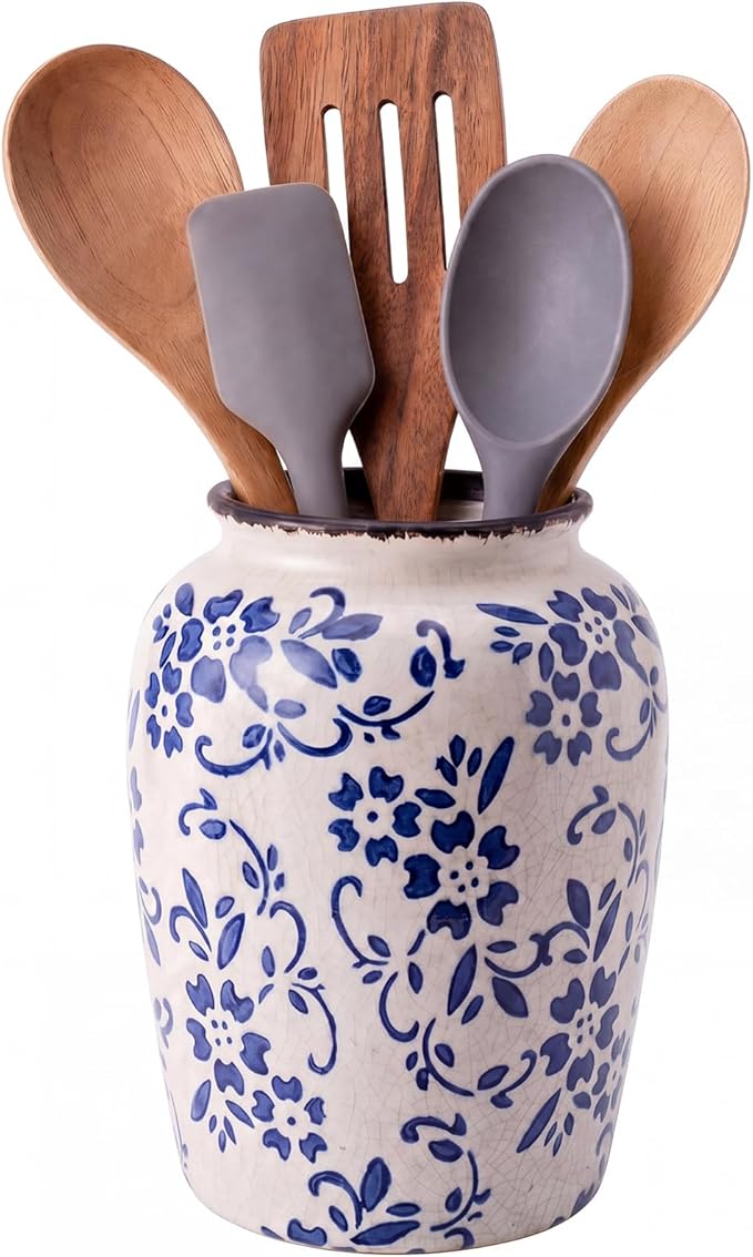 Vintage Kitchen Utensil Holder Chinoiserie Floral Ceramic Utensil Holder Crock Farmhouse Rustic Blue and White Kitchen Decoration for Countertop Organizer