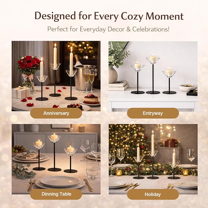 Smytle Clear Glass Taper Candle Holders Set of 3, Transparent Votive Tea Light Candle Holders with Weighted Black Metal Base, Glass Candle Sticks Holder Home Decor for Dining Table, Wedding