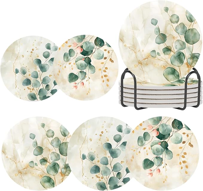 Eucalyptus Green Leaves Beige Marble Coasters Set of 6 for Drinks,Round Absorbent Ceramic Stone Coaster with Metal Holder,Herbs Plant Coasters with Cork Base for Coffee Kitchen Party Gifts