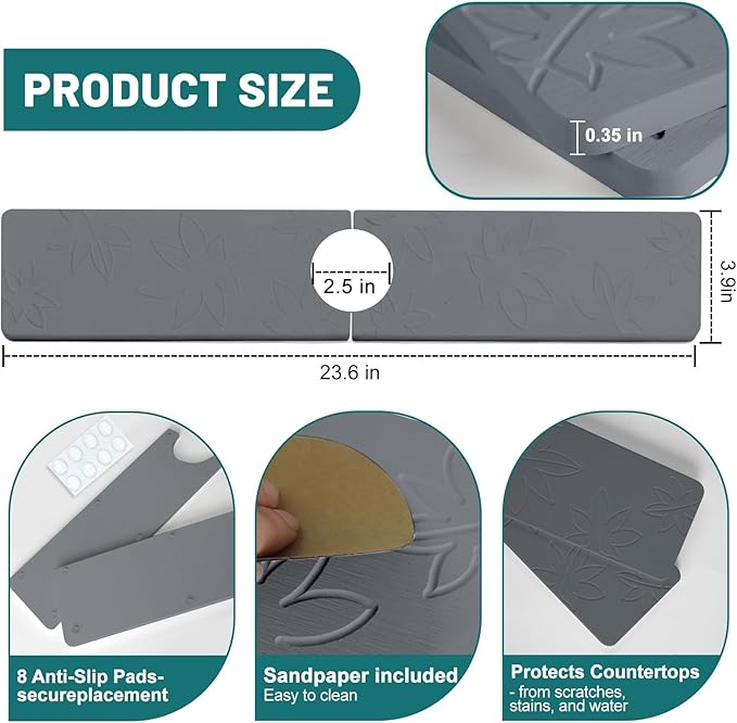 Hopegiver Stone Faucet Mat for Kitchen Sink - Fast Drying Diatomite Sink Protector Prevent Moisture, Super Water Absorbing Stone Tray for Kitchen & Bathroom Counter (Gray Maple Leaf, 23.6"x3.9")