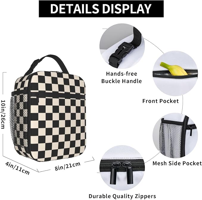 Black White Checkered Lunch Box Insulated Lunch Bag for Adult Women Men Reusable Aesthetic Tote Lunchbox Container Work Outdoor Picnic Hiking