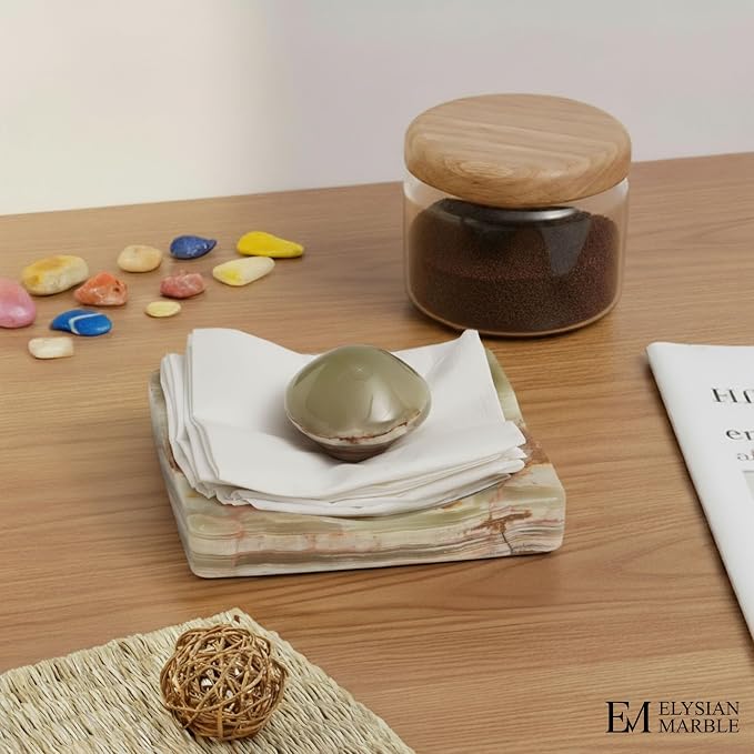 Marble Cocktail Napkin Holder with Weight, Modern Square Napkin Holder for Table, Decorative Heavy Napkin Holder for Indoor & Outdoor Dining, Kitchen & Coffee Table Decor - Green Onyx