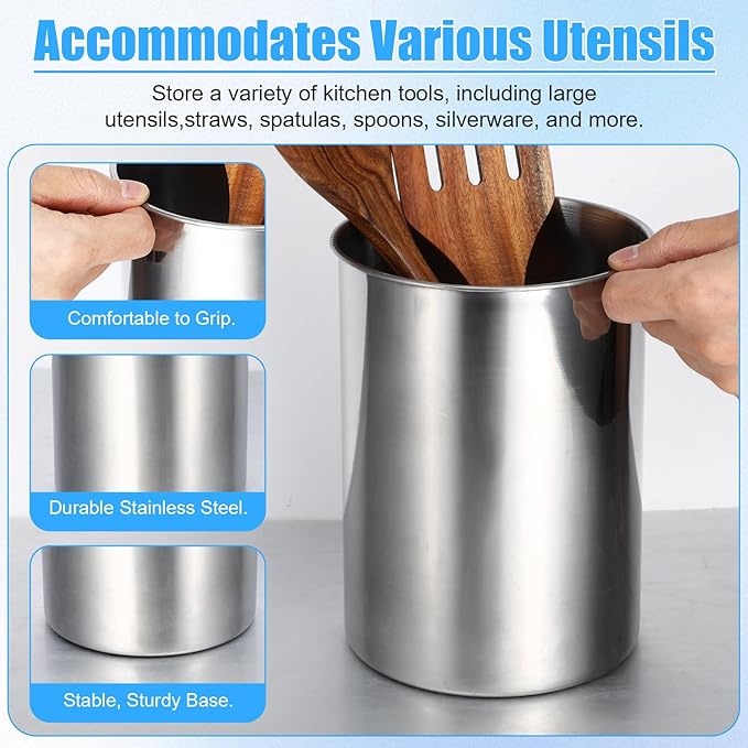 3 Pcs Cooking Utensil Holder for Kitchen Counter, 5.6 x 7.5 inch Metal Utensil Crock Stainless Steel Utensils Holder Container Canister Spatula Spoon Caddy Organizer (Silver)