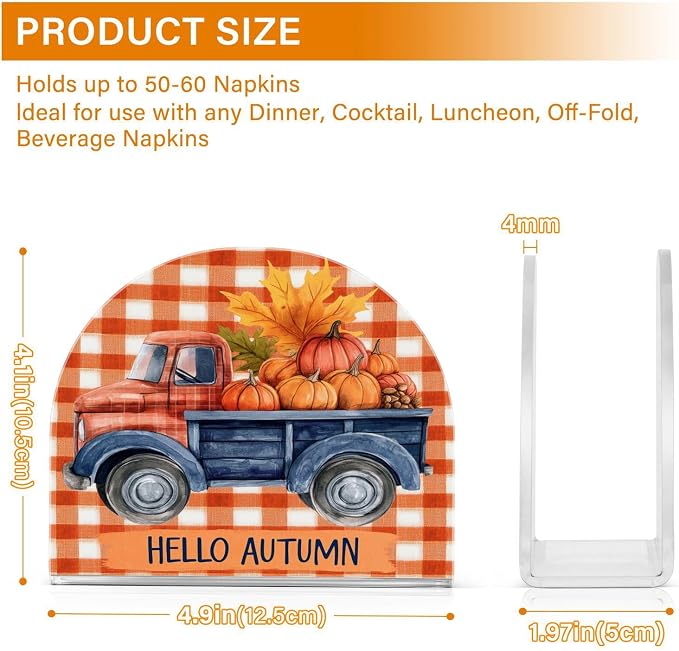 Napkin Holder Acrylic Cocktail Napkin Holder for Table Kitchen Party Restaurant Bar U Shaped Upright Napkin Dispenser Organizer Fall Truck Pumpkins Maple Leaves
