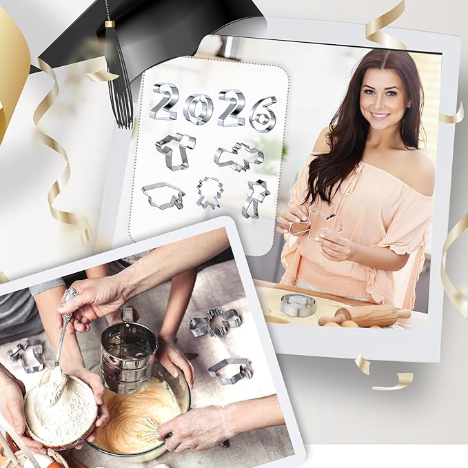 Zhehao 9 Pcs 2026 Graduation Cookie Cutters Set Graduation Gown, Cap, Diploma, Star Sash, Number "2026", Medal, Stainless Steel Cookie Cutters for Baking Homemaking Senior Celebration Party Supply