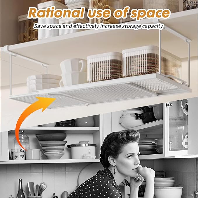 PowerKing Expandable Under Cabinet Shelf, Adjustable Length Under Shelf Storage with Thick Clips 10lbs Capacity for Kitchen, Laundry, Shoe, Under Office Desk & Wardrobe Partition (White, 5.11'' H)