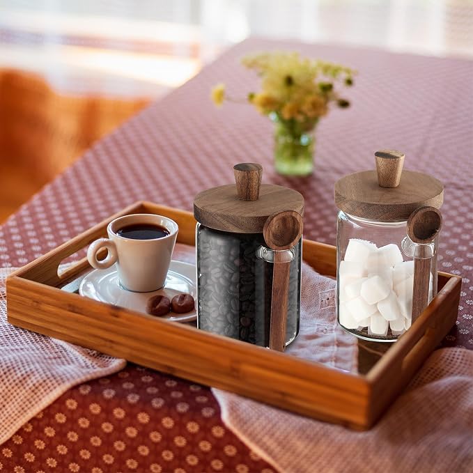 Remerry Set of 6 Glass Jar with Wooden Lid and Spoon, 20 oz Coffee Bean Tea Sugar Jar Set, Clear Airtight Spice Canisters Glass Food Storage Kitchen Containers for Coffee Bean Tea Sugar