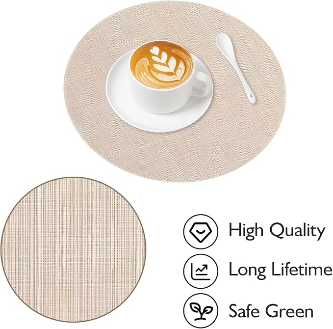 Niviy Beige Round Placemats Set of 4, 15 Inch Washable Easy to Clean Heat-Resistant Anti-Skid Beige Placemats for Holiday Party Kitchen Dining Room Decoration