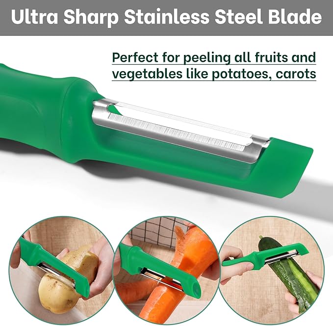 Beneno Swivel Vegetable Peeler, Razor-Sharp Smooth Peeling Potato Peelers with Stainless Steel Blades, Ergonomic Comfort Non-Slip Rubber Handle, Durable Kitchen Peelers with Potato Eye Remover, Green