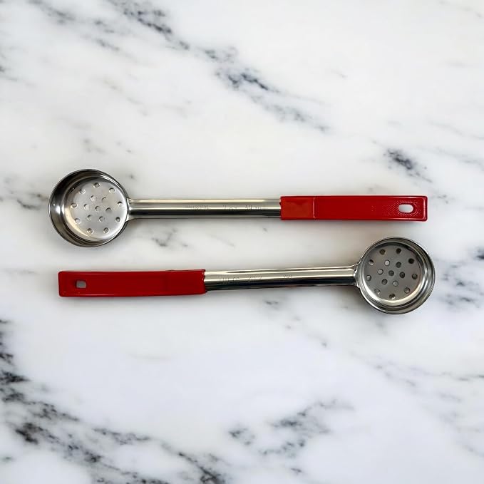 2 oz Slotted Stainless Steel Portion Control Ladle Spoon | Commercial-Grade Spoodle for Portioning & Draining - Pasta, Veggies & Buffet Service. Color-Coded by Size. Dishwasher Safe.