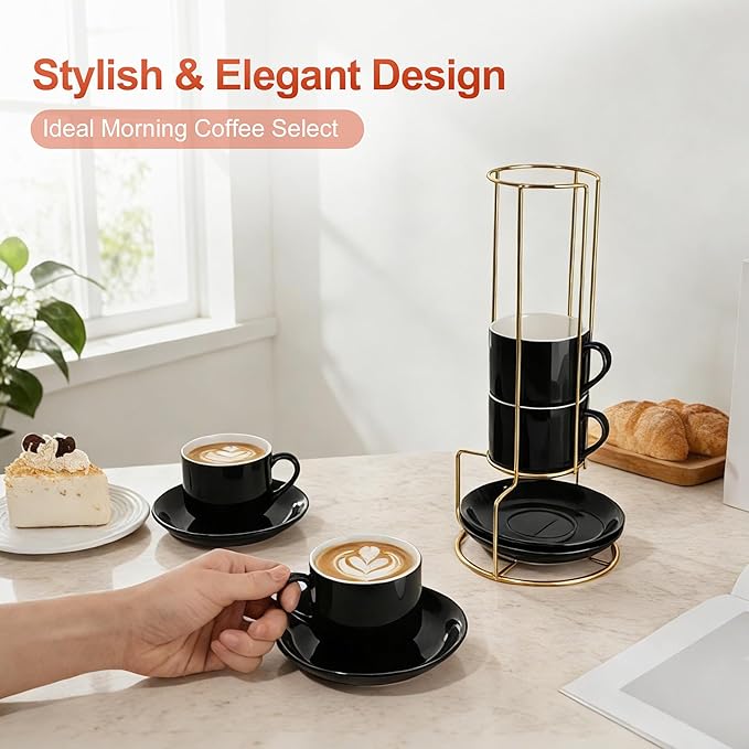 8 Ounce Cappuccino Cups Set of 4, Stackable Cappuccino Mugs, Includes Display Stand, Cups Saucers, and Spoons, for Machines & Home Use, Black, Gold Tone