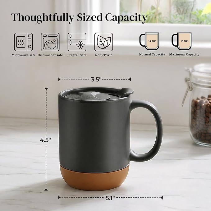 DOWAN Coffee Mugs, 15 oz Mug Set of 2, Large Ceramic Coffee Mug with Silicone Bottom and Spill Proof Lid for Mom Dad, Big Mug for Latte Tea, Matte Grey
