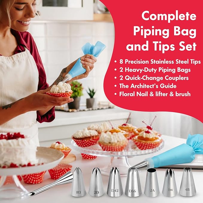 15PCS Reusable Piping Bags and Tips Set - Cake Decorating Kit with 8 Stainless Steel Nozzles, 2 Silicone Pastry Bags, 2 Couplers, Flower Nail, Lifter, Guide & Brush