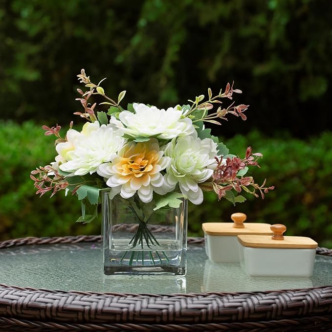 ENOVA FLORAL Mixed Artificial Daisy Floral Arrangements with Vase, Table Centerpieces for Dining Room, Silk Daisy in Glass Vase with Faux Water for Home Decor (Yellow White)