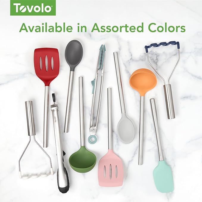 Tovolo Silicone Cooking Utensil Set of 6 Blue Slate Ladle Slotted Turner Tongs Flex Core Spatula Scraper Mixing Spoon and Potato Masher, Dishwasher Safe BPA Free Silicone Kitchen Utensils