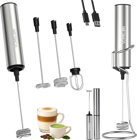 Rechargeable Milk Frother with Stand, Electric Whisks Foam Maker, POWERFUL USB C 2 Speed Handheld Drink Mixer for Coffee, Latte, Cappuccino, Matcha Drinks,Silver