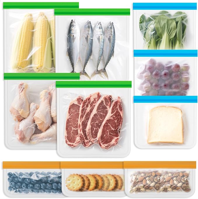 Reusable Food Storage Bags - 10 Pack Freezer Bags - Extra Thick Preservation Bags, Leakproof Silicone Bag for Meal Prep, Kitchen Organization - 4 Gallon 3 Sandwich 3 Snack Bags