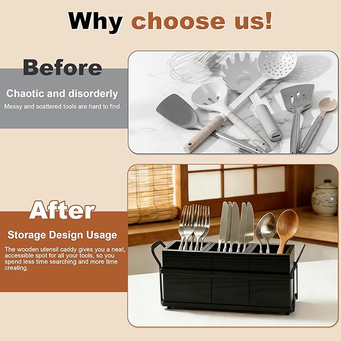 Kitchen Utensil Holder for Countertop, 3 Compartments Wooden Utensils Organizer for Cooking Utensils, Silverware, Spatula, Fork, Knife, Cutlery Storage for Kitchen Counter-Black