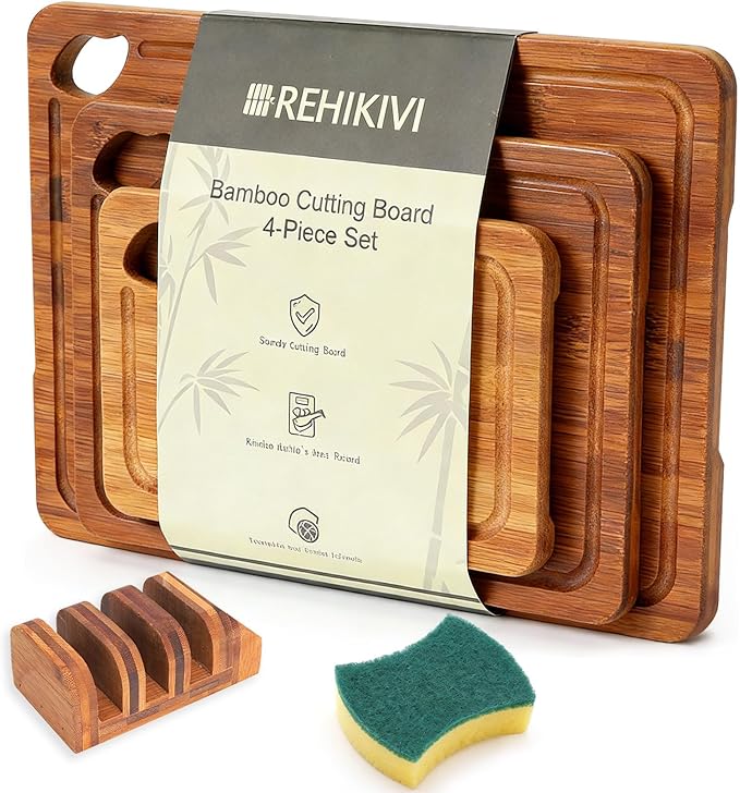 Bamboo Cutting Board 5-Piece Set,Deep-Carbonized Reversible Charcuterie Boards With Juice Grooves,Include Storage Stand&Cleaning Sponge,Knife Friendly,Sturdy,Perfect Kitchen Gift Set