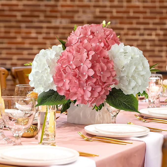 JINWOE 5Pcs 20Inch Large Pink Silk Hydrangea, Cameo Brown Lifelike Artificial Flower Heads with Stems Fake Hydrangeas Flowers for DIY Wedding Baby Showers Centerpiece Home Decor