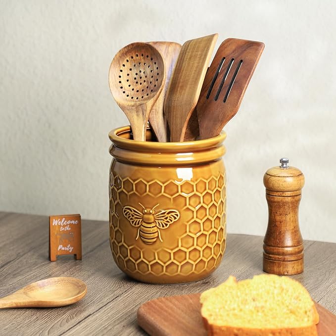 Retro Honeycomb and Bee Embossed Ceramic Kitchen Utensil Holder, Large Cooking Utensil Crocks for Kitchen Countertop, Ceramic Utensil Organizer for Spatula, Kitchen, Home Decoration