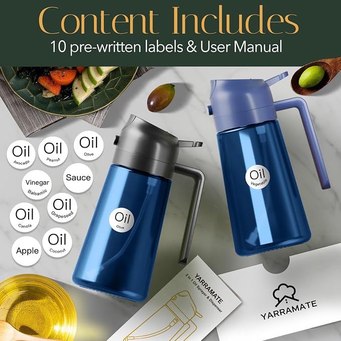 YARRAMATE 16oz/470ml Light-Blocking Dark Oil Sprayer for Cooking, 2 in 1 Olive Oil Dispenser Bottle for Kitchen, Premium Blue Glass Oil Bottle, Food-Grade Oil Mister for Air Fryer, BBQ (Black)