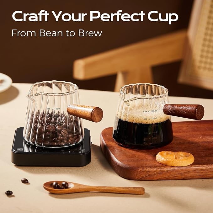 YARRAMATE 6 oz/180ML Glass Measuring Cup with Wooden Handle – Espresso Shot Cups, Ribbed Milk Frothing Pitcher, Dual Scale Markings, V-Shaped Mouth for Easy Pouring
