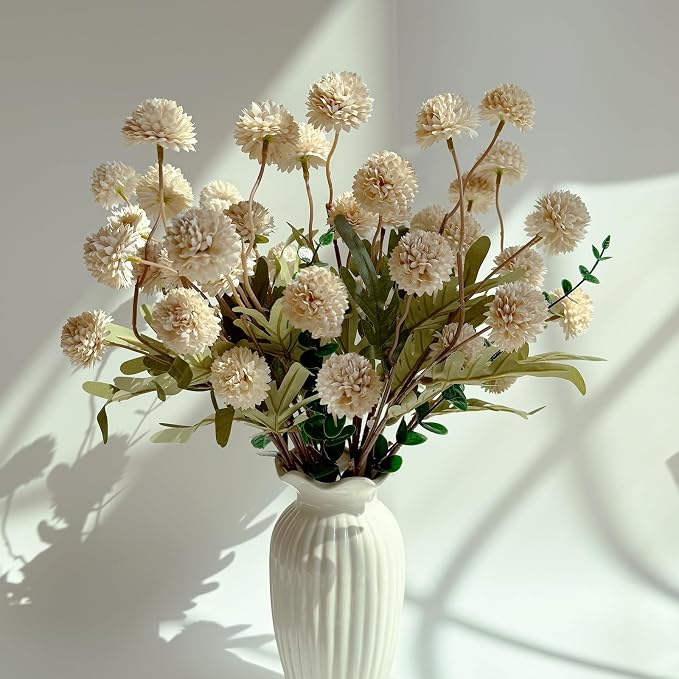 10pcs Faux Beige Kiku Flowers, 5 Heads Each Stem & 4 Branches Eucalyptus Stems, Artificial Small Mini Chrysanthemum Flowers for Aesthetic Room Decor, Floral Arrangements Centerpiece