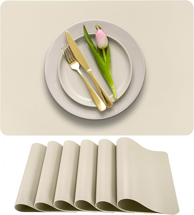 More Décor Faux Leather Placemats Set of 6 for Dining Table – Waterproof, Wipeable, Washable, Stain & Heat Resistant, Non-Slip Table Mats – 12 X 17 Inch, (Solid Ivory, 6)