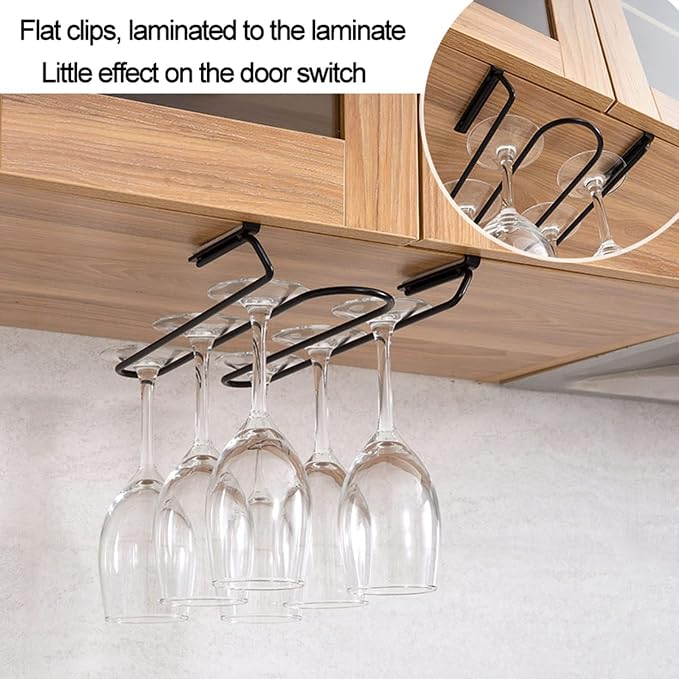 Double Row Under Cabinet Wine Glass Holder, Hanging Wire Stemware Rack Holder, Wine Glasses Storage Hanger, For Bar Kitchen Storage Organizer Metal (black White) ( Color : Black , Size : Double row )
