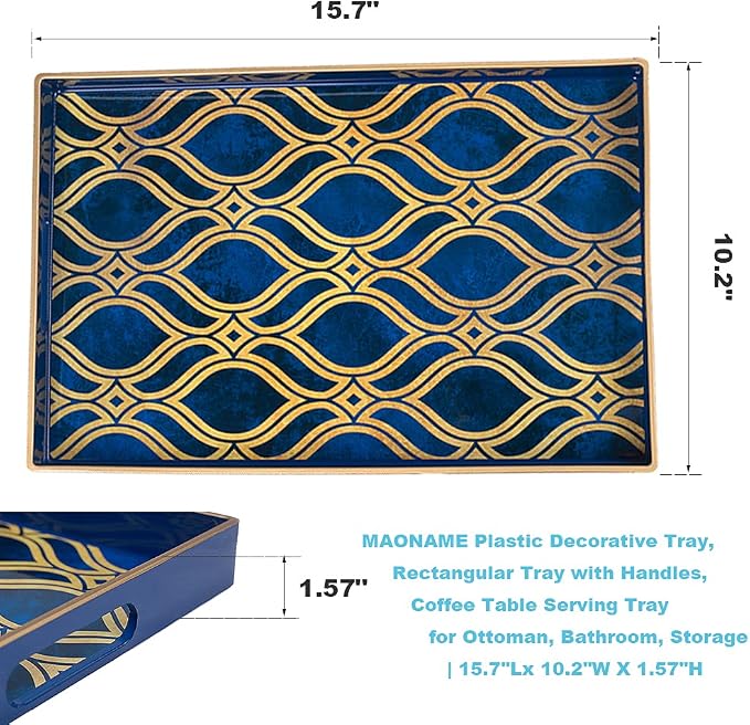MAONAME Blue Decorative Tray with Handles, Plastic Serving Tray for Coffee Table, Marbling Rectangular Trays for Ottoman, Bathroom, Storage, 15.7" Lx 10.2" W X 1.57" H