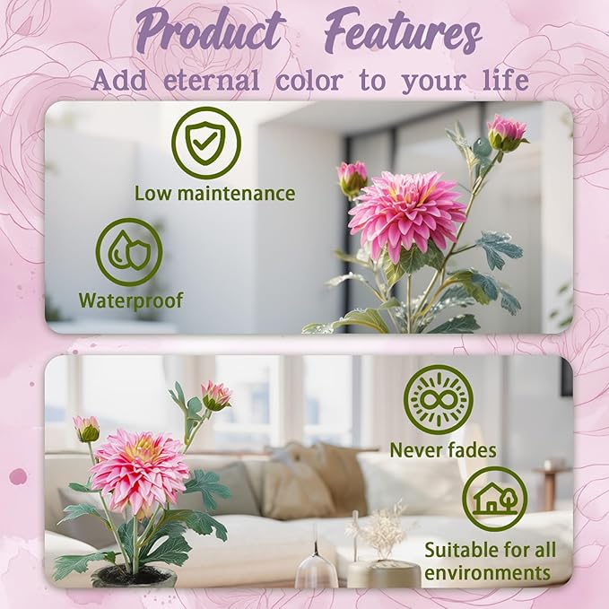 Rose Red Dahlia Flowers Fake Silk Mums Flower Artificial Chrysanthemum Flowers Faux Flowers for Vase Mums in Pot Spring Decor Coffee Table Home Party Decoration