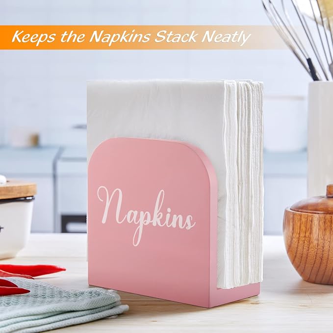 ALELION Pink Napkin Holder for Table - Wooden Napkin Holders for Kitchen - Pink Kitchen Decor and Accessories for Dining Room Table - Wood Napkin Dispenser
