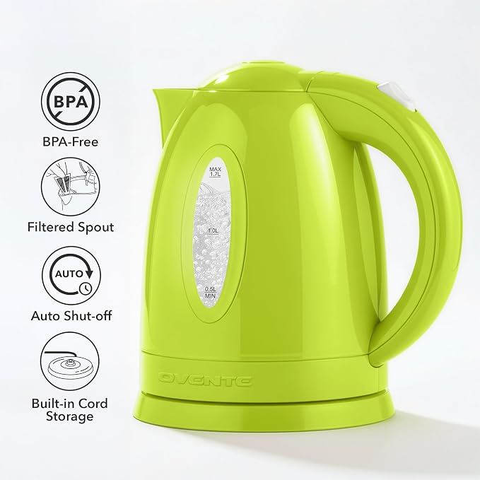 OVENTE Electric Kettle, 1.7L Fast Boiling Water Heater for Coffee or Tea, BPA Free with Water Level Gauge, Auto Shut-Off, Boil-Dry Protection, Indicator Light and Removable Filter, Green KP72G