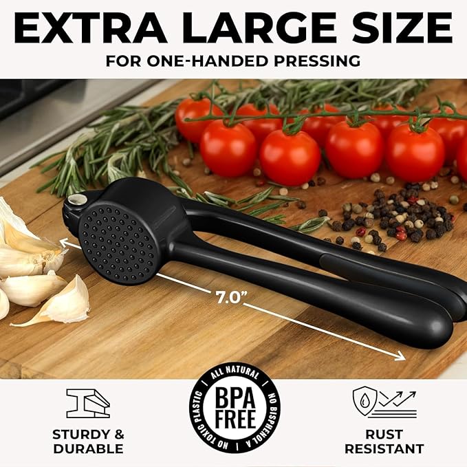 Zulay Kitchen Large Premium Garlic Press Set - Bigger Bowl for Bigger Garlic - Rust Proof Garlic Mincer Tool - Easy-Squeeze, Easy-Clean Silicone Garlic Peeler & Brush (Black)