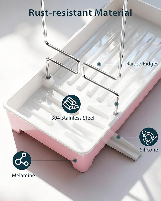 Minimalist Sink Caddy, Rustproof Sponge Holder for Kitchen Sink with 304 Stainless-Steel Brush Holder, Countertop Rack Organizer with Raised Ridges & Silicone Drain Tube (Blush Pink, Large)
