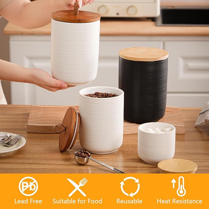 Food Storage Jar Strong Ceramic Storage Canisters with Airtight Wooden Lid,Kitchen Storage Containers for Serving Coffee Beans, Tea, Sugar, Salt, Spices (Big white 44 oz)