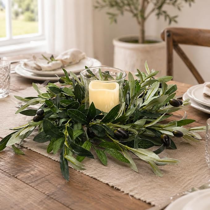 Svndlyn Artificial Olive Branch Candle Ring with Glass Hurricane, 14" Faux Greenery Wreath Centerpiece for Dining Table, Farmhouse Mantel Decor, Rustic Wedding & Year Round Arrangement