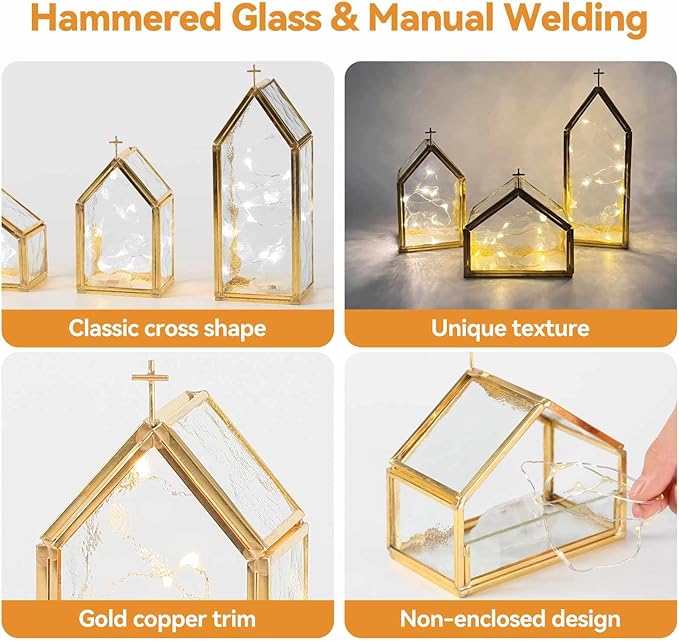 Glass Candle Holder Set of 3, Gold Metal & Textured Glass House-Shaped Candle Holders for Elegant Home Decor, Wedding Table Decor, Mantel & Living Room Accents
